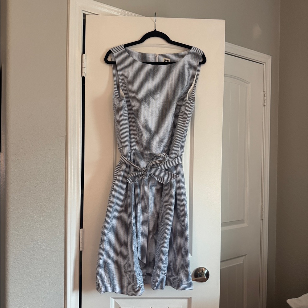 Anne Klein Blue and White Seersucker Tie-Waist Midi Dress
